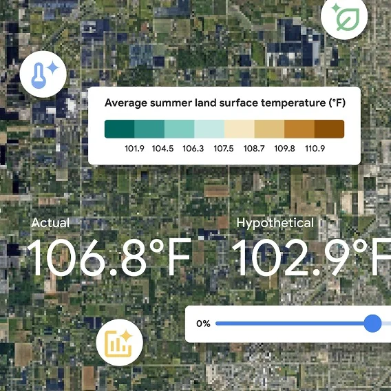 A Google Maps satellite image of a city with a temperature gauge overlaid on it showing high temperature ranges.