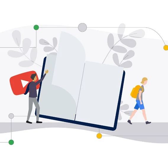 Illustration of a large book with small people next to it. There is a YouTube icon behind the book.