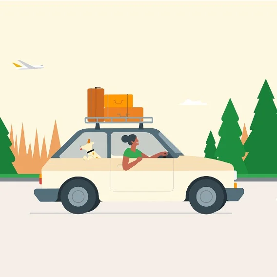 Illustration of a person in a car with luggage on the top and a dog in the back seat.