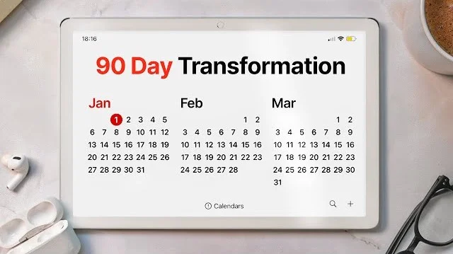 Image of a tablet that shows a calendar with January through March and says “90 Day Transformation.”