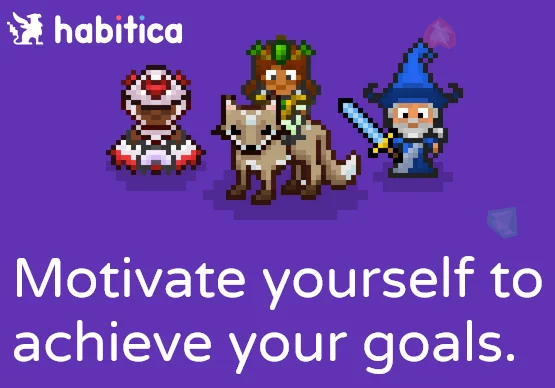 Three pixelated characters on a purple background with the title “Habitica” and the words “Motivate yourself to achieve your goals.”