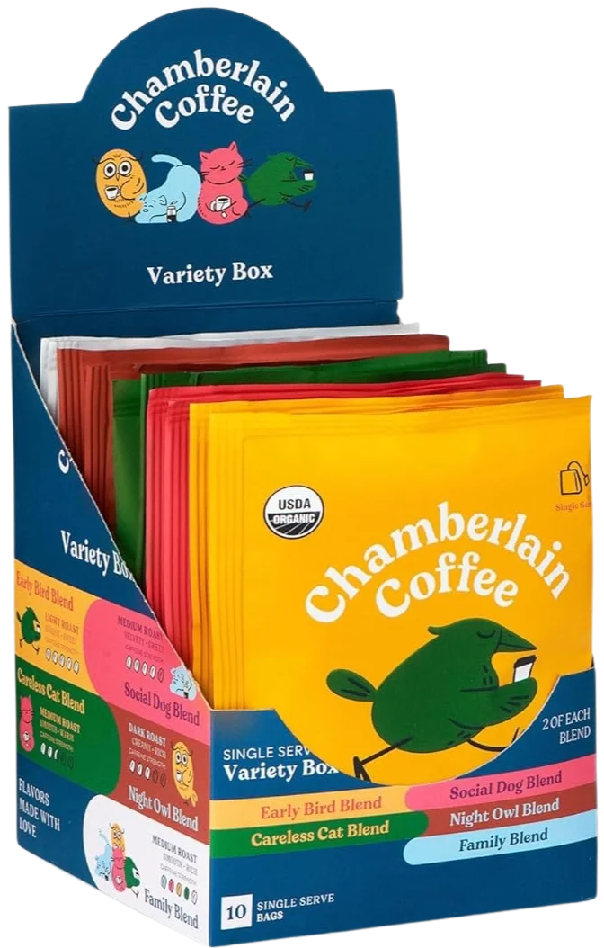 Image of Chamberlain Coffee Variety Box Medium Dark Roast Steeped Single Coffee Bags (10 CT)