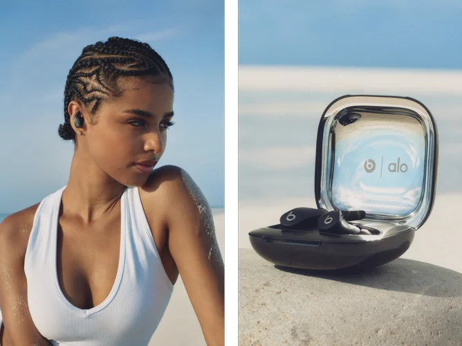 Tyla wearing the Alo Beats Fit Pro special edition earbuds