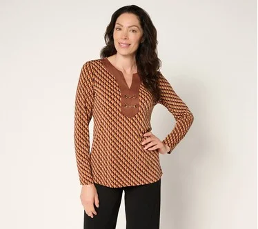 Susan Graver Printed Liquid Knit & Faux Suede Top w/ Neck Trim