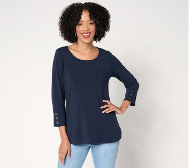 Susan Graver Weekend Comfy Cotton 3/4-Slv Top with Button Detail