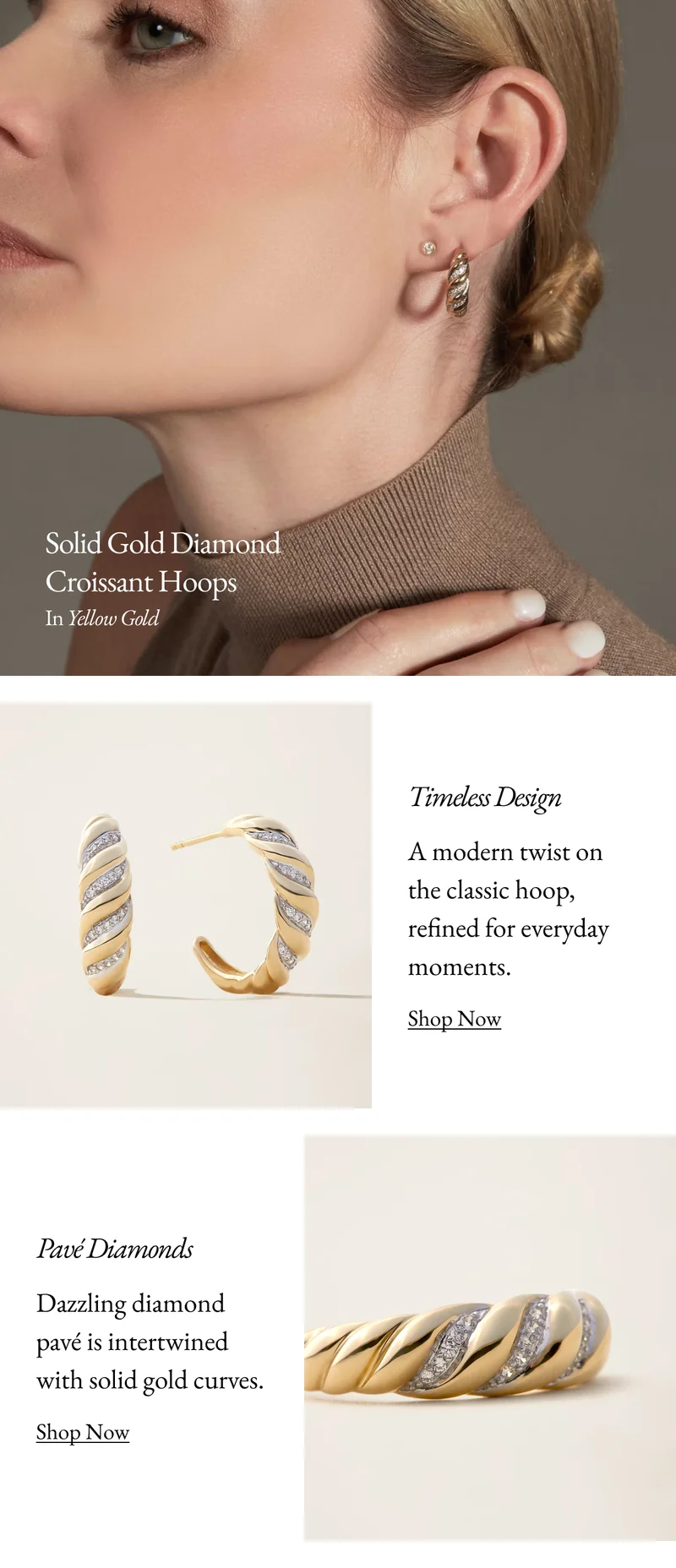 14k Solid Gold Diamond Croissant Hoop Earrings