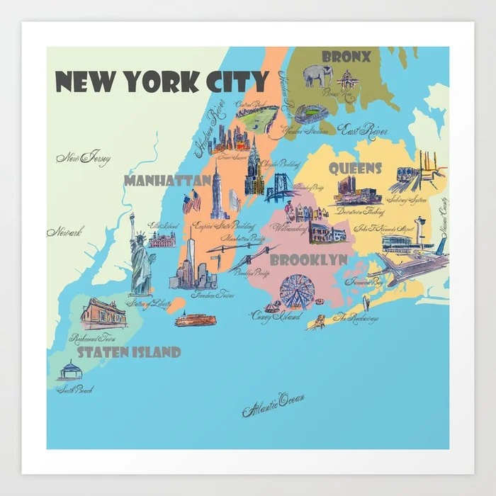 New York City Fine Art Print Retro Vintage Favorite Map with Touristic Highlights Art Print Art Print