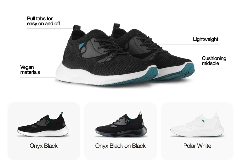 Pull tabs for easy on and off. Vegan materials. Lightweight. Cushioning midsole. Onyx Black. Onyx Black on Black. Polar White.