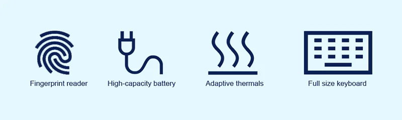 Fingerprint reader, High capacity battery, Adaptive thermals, Full size keyboard banner