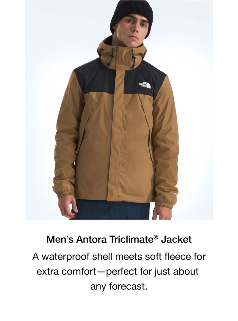 Men's Antora Triclimate Jacket. A waterproof shell meets soft fleece for extra comfort - perfect for just about any forecast.