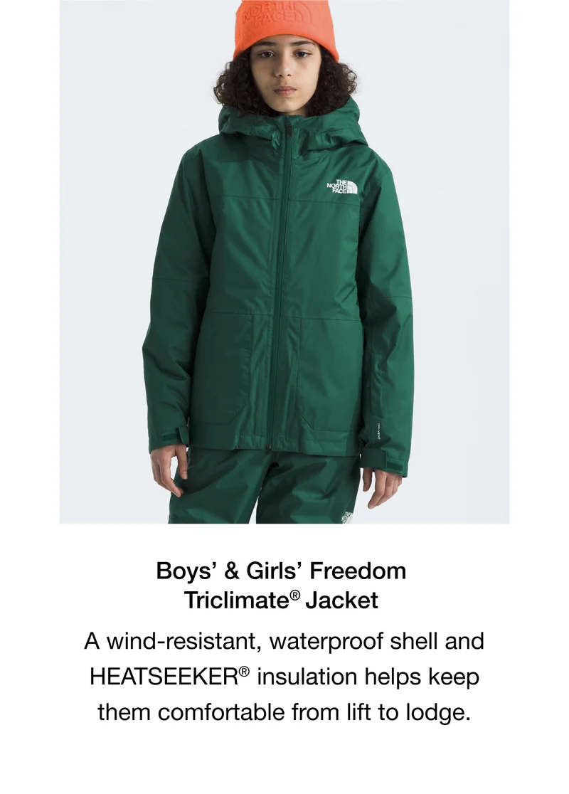 Boys' & Girls' Freedom Triclimate Jacket. A wind-resistant, waterproof shell and HEATSEEKER insulation helps keep them comfortable from lift to lodge.