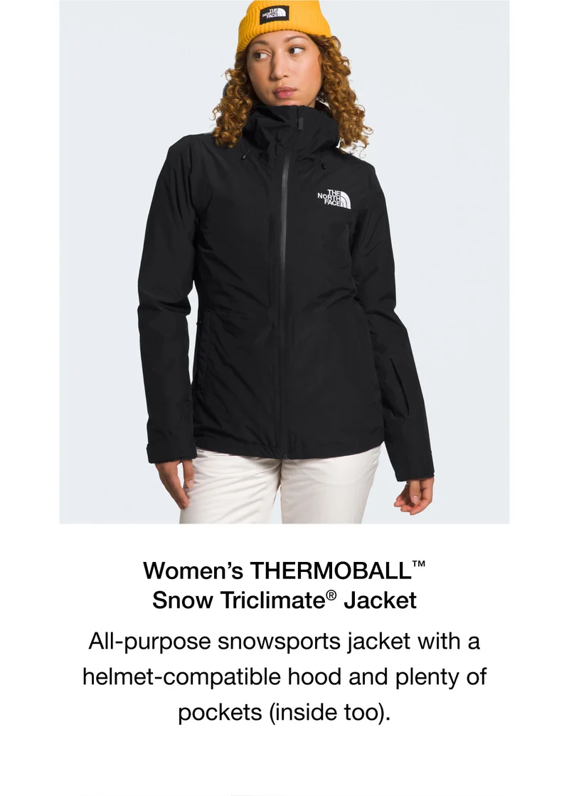 Women's THERMOBALL Snow Triclimate Jacket. All-purpose snowsports jacket with a helmet-compatible hood and plenty of pockets (inside too).