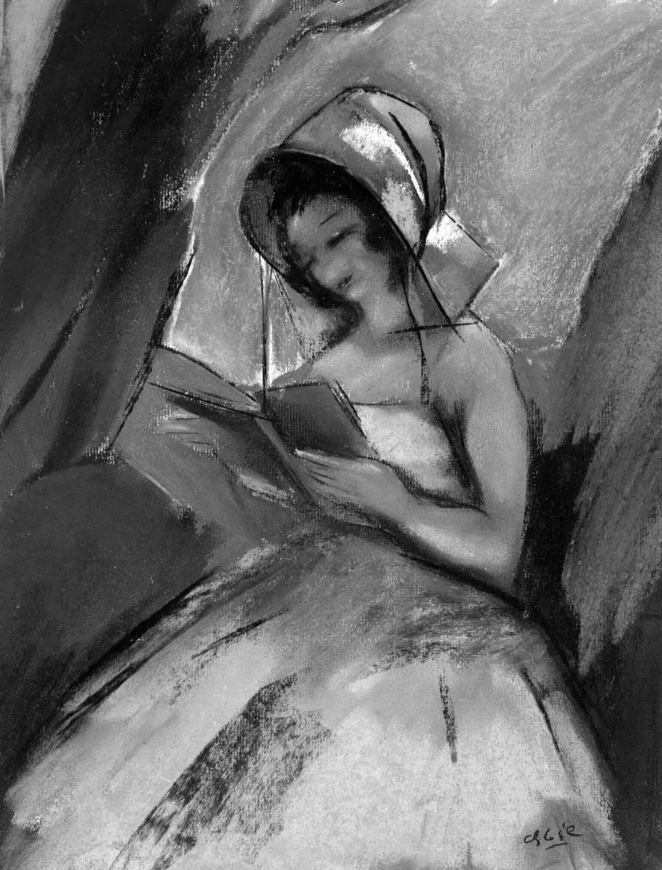 A black-and-gray pastel drawing of a woman reading a book