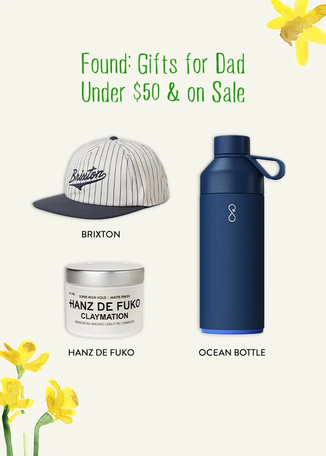 Brixton baseball cap; Hanz de Fuko hair styling clay; Ocean Bottle water bottle.