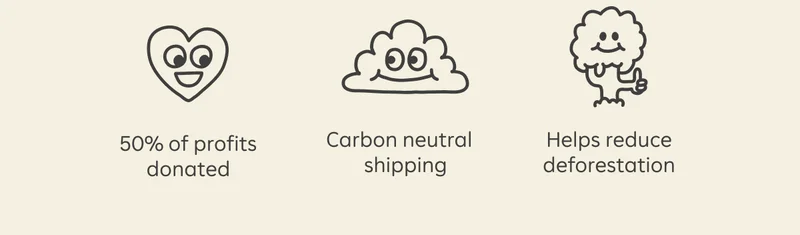 50% of profits donated  Carbon neutral shipping  Helps reduce deforestation