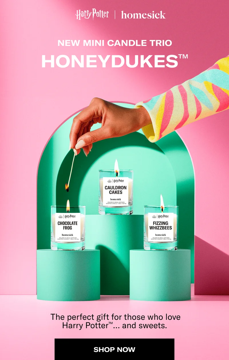 Harry Potter | homesick | NEW MINI CANDLE TRIO | HONEYDUKES™ | &nbsp;The perfect gift for those who love Harry Potter™… and sweets. | SHOP NOW