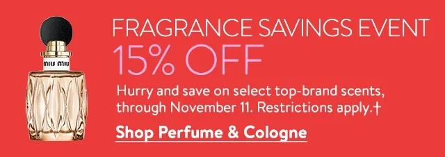 Fragrance savings event: 15% off. A perfume bottle.