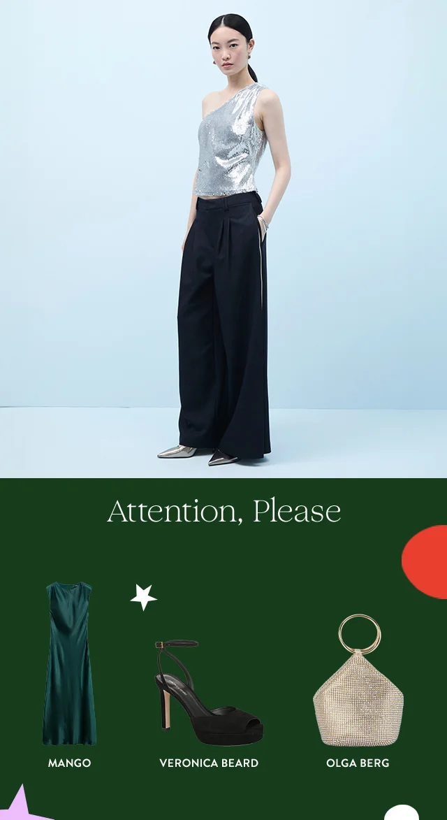A woman wearing a sparkly silver top, black trousers and silver heels. A satin dress, heals and sparkly handbag.