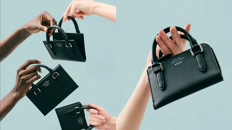 Two campaign images from Sacai's collaboration with Smythson.