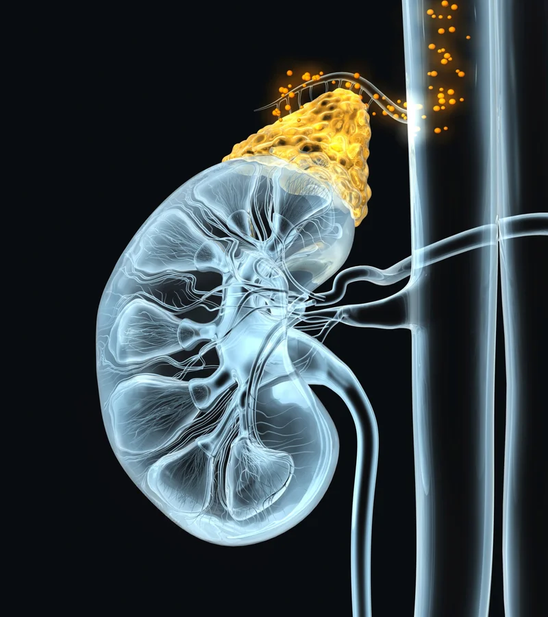 Pictured, the adrenal cortex (gold), located above each kidney, as it secretes cortisol and other hormones into the bloodstream.