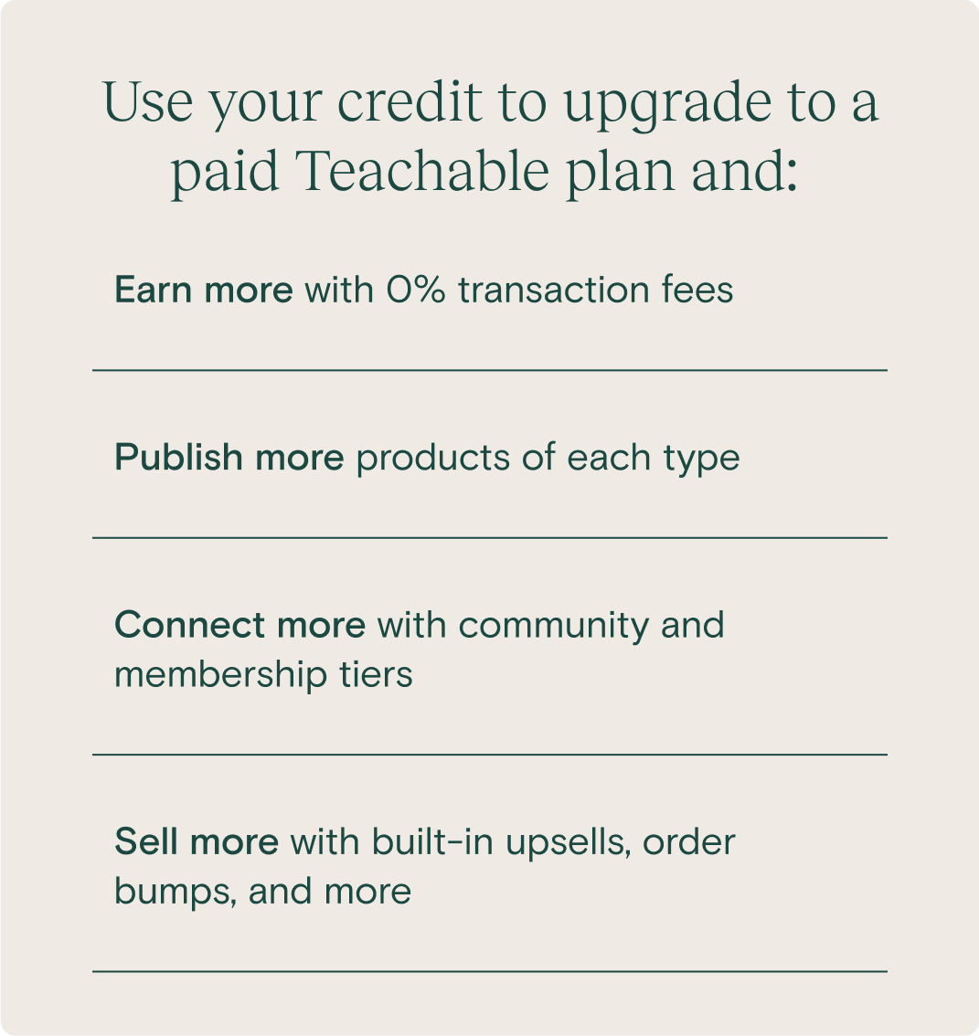 Use your credit to upgrade to a paid Teachable plan and: