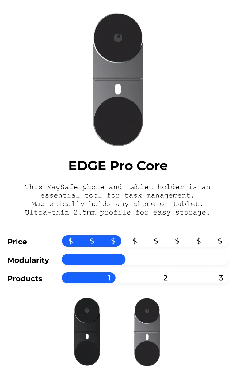 EDGE Pro Core This MagSafe phone and tablet holder is an essential tool for task management. Magnetically holds any phone or tablet. Ultra-thin 2.5mm profile for easy storage.