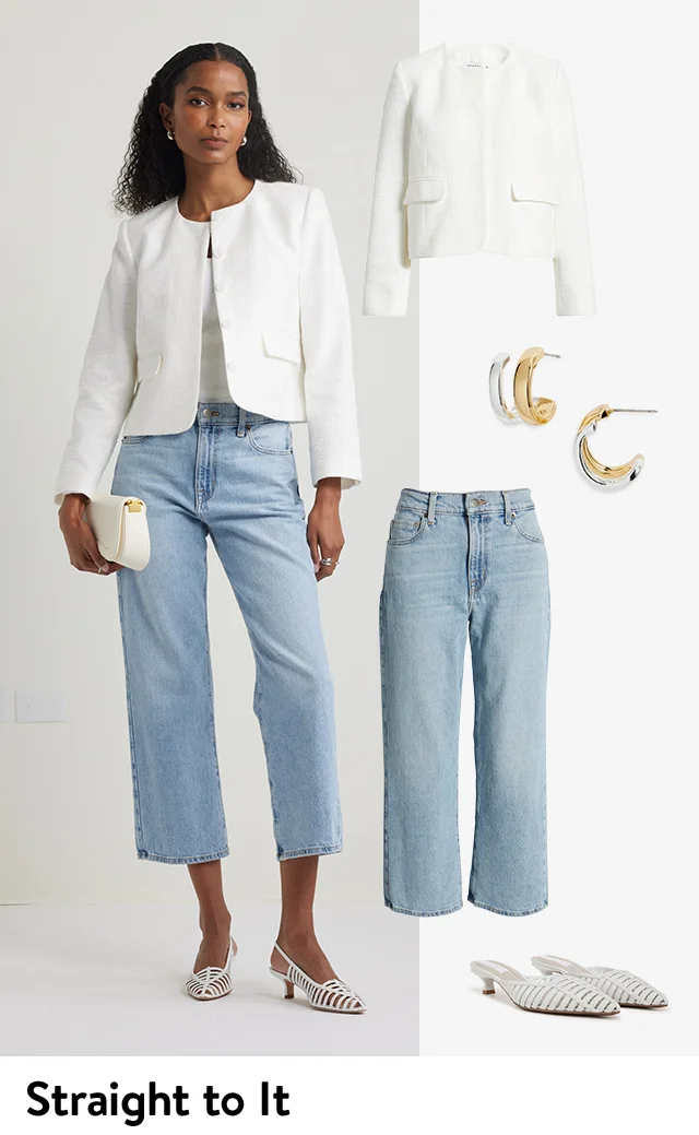 A woman wearing straight-leg jeans with a white jacket and white kitten heels. An assortment of items to recreate the look.