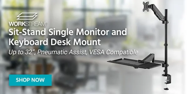 Workstream (Logo). Sit-Stand Single Monitor and Keyboard Desk Mount. Up to 32β, Pneumatic Assist. VESA Compatible. Shop Now.