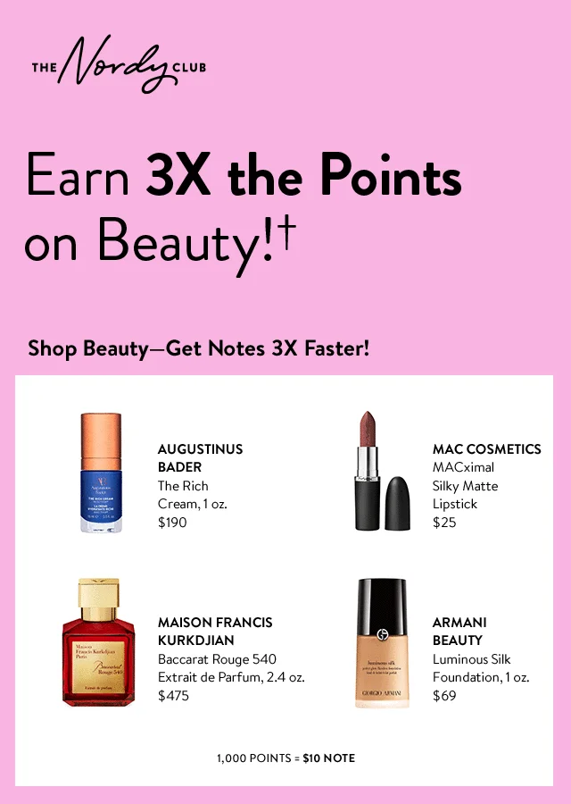 Earn 3 times the points on beauty! Tally of points for select beauty items. 1,000 points equals a $10 Note.