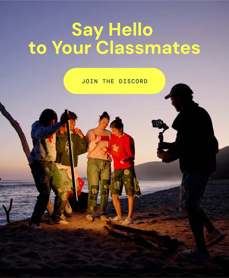 Say Hello to your classmates - Join the Discord, group of people filming a video on a beach.