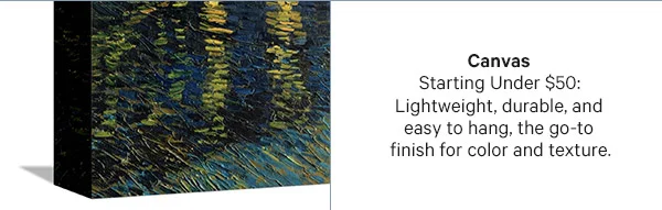 Canvas – Starting Under $50: Lightweight, durable, and easy to hang, the go-to finish for color and texture.