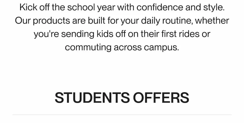 Back-to-school message introducing student-focused offers for safe, stylish commuting with UNIT 1 gear.