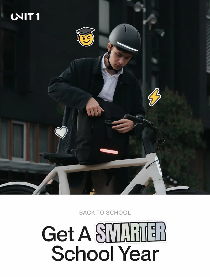 A teenager wearing a smart helmet prepares his backpack while standing next to a white e-bike. The scene is decorated with back-to-school emoji icons.