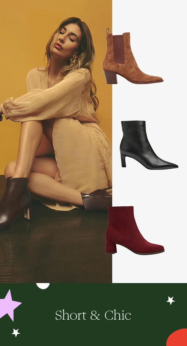 A woman wearing black booties. Three booties with different heel shapes.