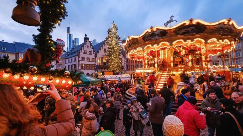 Image description: Christmas market at Roemerberg in Frankfurt, Germany.