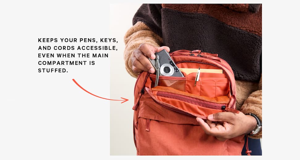 Keeps your pens, keys, and cords  accessible, even when the main compartment is stuffed.