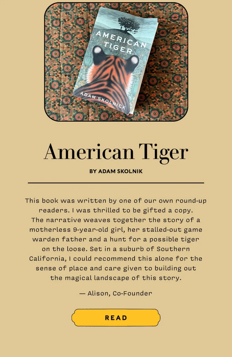 American Tiger by Adam Skolnik   This book was written by one of our own round-up readers! I was thrilled to be gifted a copy. The narrative weaves together the story of a motherless 9-year-old girl, her stalled-out game warden father and a hunt for a possible tiger on the loose. Set in a suburb of Southern California, I could recommend this alone for the sense of place and care given to building out the magical landscape of this story.  — Alison, C0-Founder