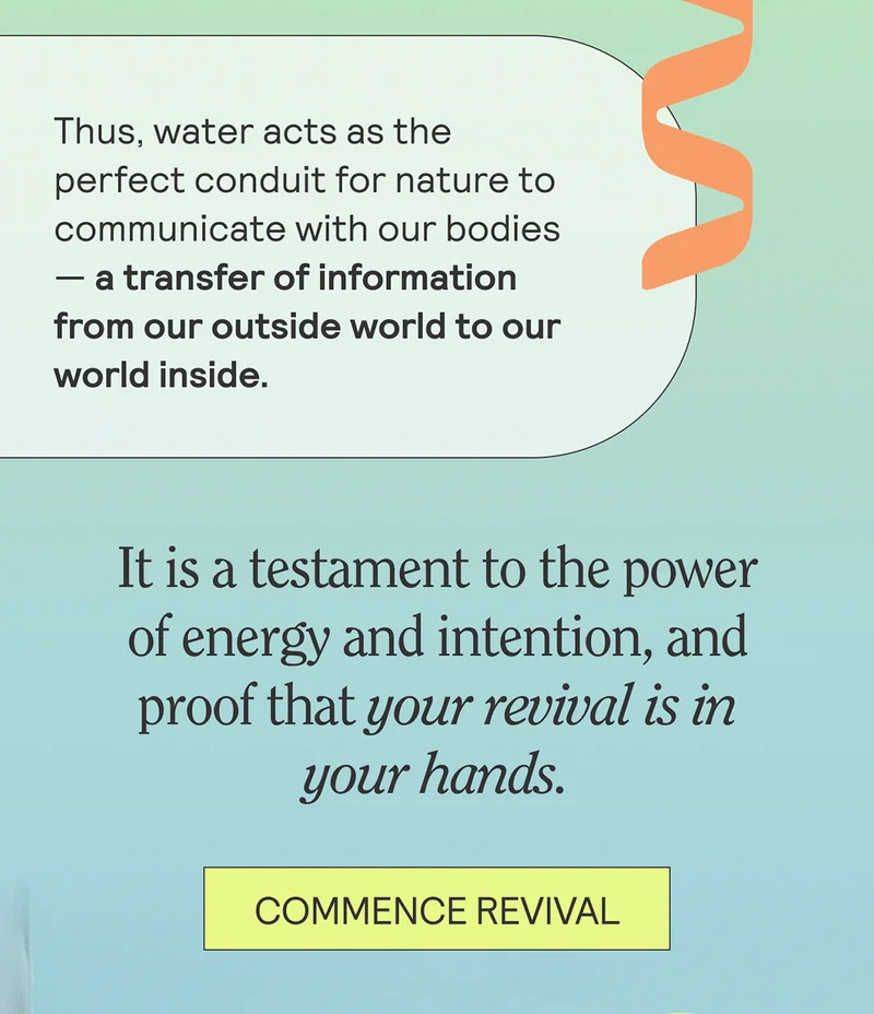 Thus, water acts as the perfect conduit for nature to communicate with our bodies — a transfer of information from our outside world to our world inside.  It is a testament to the power of energy and intention, and proof that your revival is in your hands.