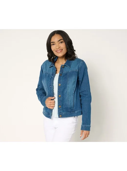 Belle by Kim Gravel Stretch Denim Femme Flutter Ruffle Jacket