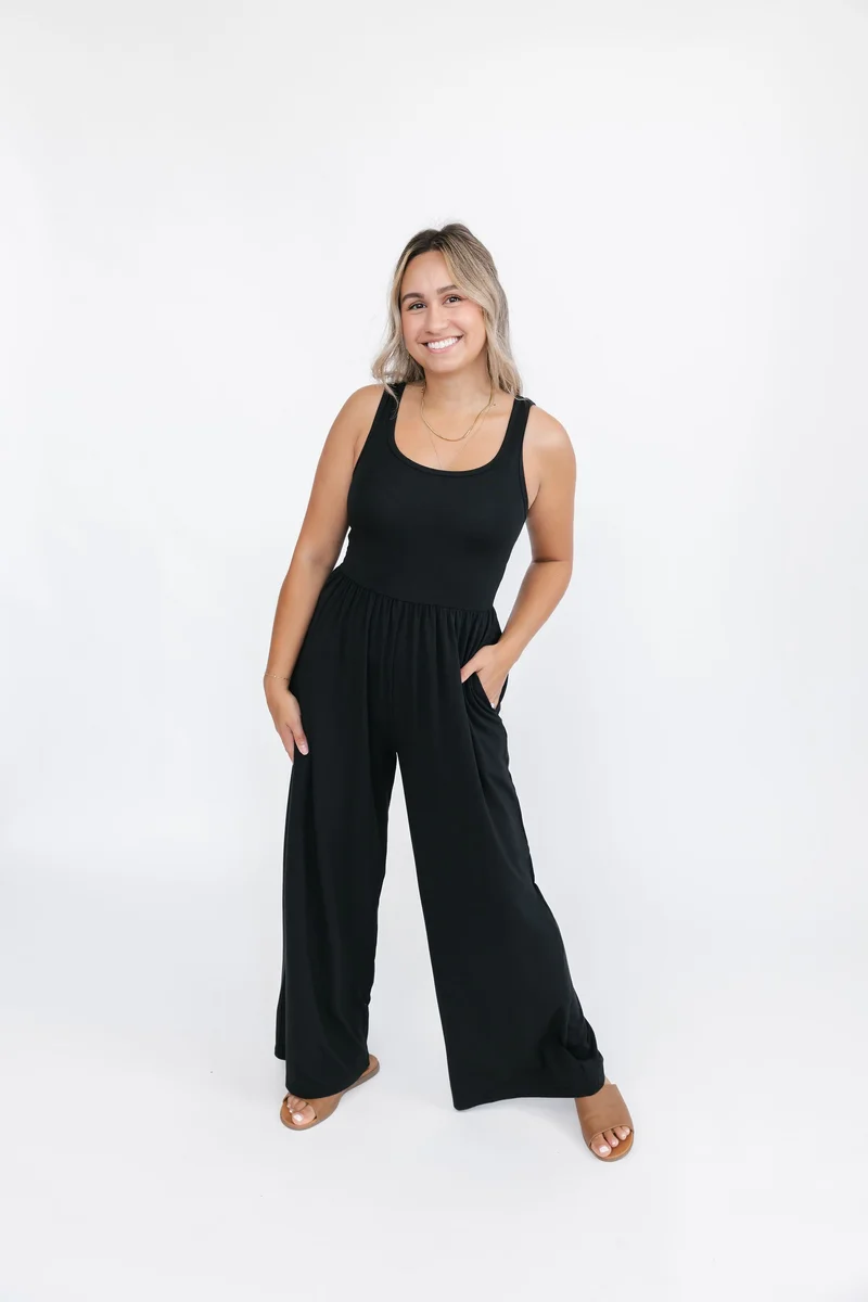 Image of Camille Wide Leg Romper in Midnight Black