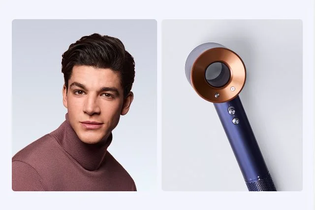 Male model with sleek styled hair next to the Dyson Supersonic hair dryer