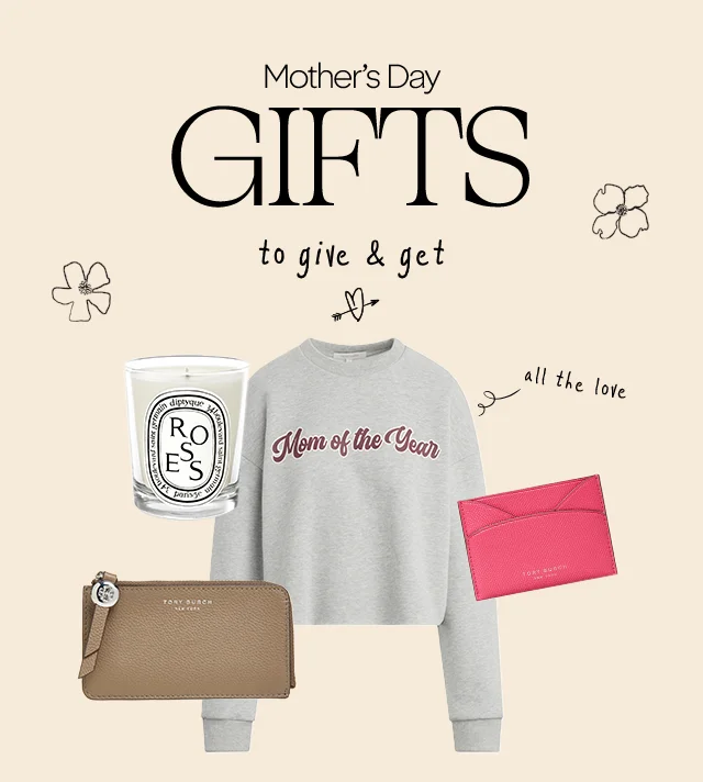 Mother's Day gifts to give and get: a candle, sweatshirt and two card cases.