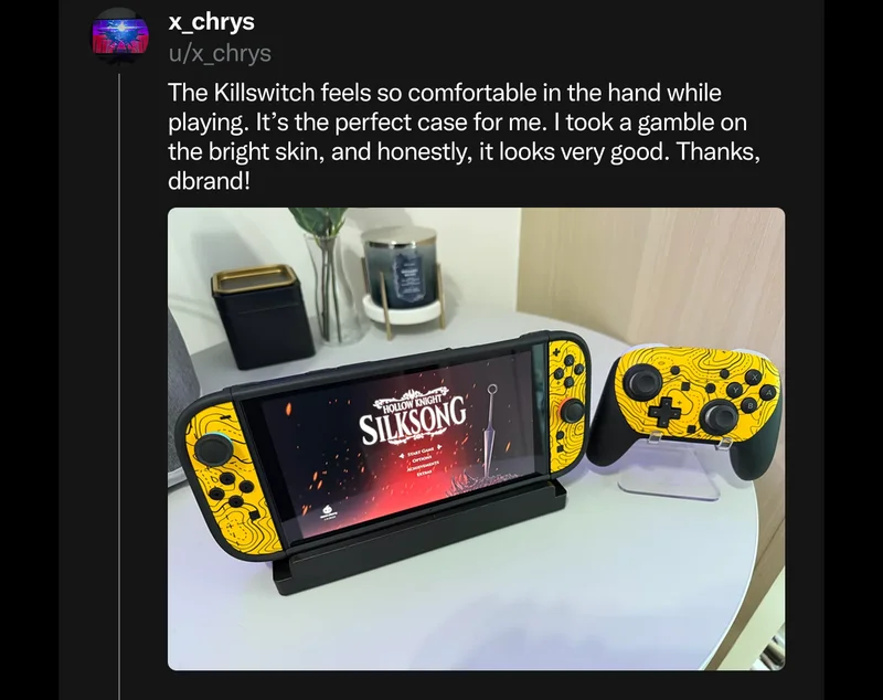 u/x_chrys on Reddit: "The Killswitch feels so comfortable in the hand while playing. It's the perfect case for me. I took a gamble on the bright skin, and honestly it looks very good."