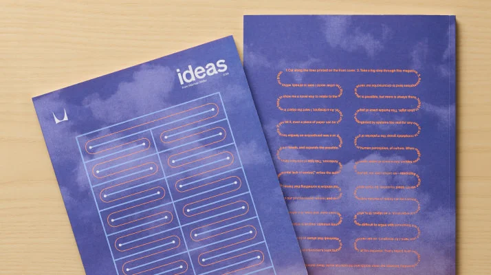 The front cover of Ideas magazine 2024 in purple with an abstract image in light blue, orange, and white next to the back cover in purple with an orange abstract image.