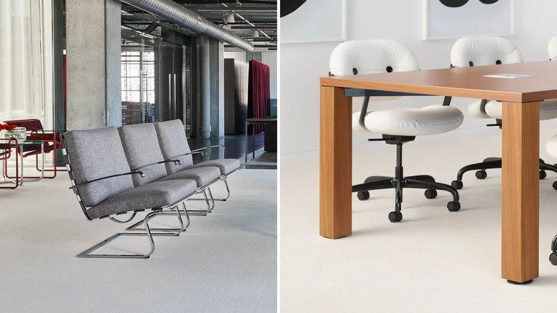 Two office settings are pictured side by side. On the left, an office lounge area with a set of three neutral-colored upholstery chairs with metal legs side-by-side, a red chair behind, and a red curtain at the back. On the right, a conference room with with white upholstered task chairs with black arms and casters, pulled up to a wood table with white walls and black and white art on the back wall.