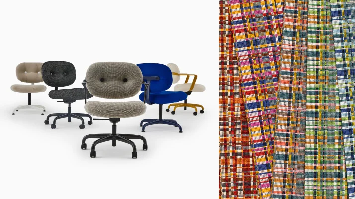 On the left, a whitesweep of a group of chairs in different colors. On the right, a collage of multicolored plaid textiles.