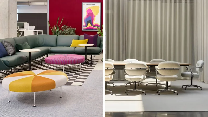 Two office settings are pictured side by side. On the left, a lounge seating area with a deep red wall, art print, and plant in the background; a gray sectional sofa with different colored pillows; two pedestal tables with white tops and black legs; two large circular ottomans in orange, yellow, and white, and pink with stripes; and a black and white checkered rug. On the left, a conference room with cream office chairs sitting around a table with a light wood top, cream-colored rug, and cream curtains.
