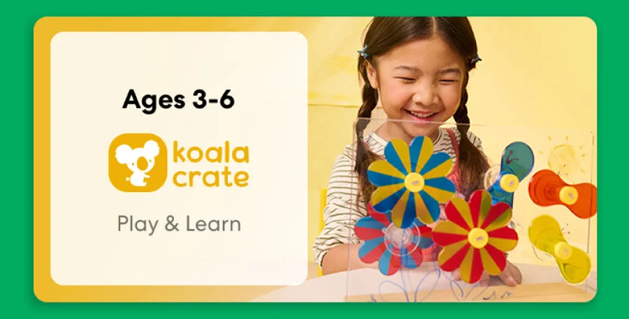 Young child smiling while working on creative KiwiCo Sprout projects, perfect for ages 3–6 for play and learn.