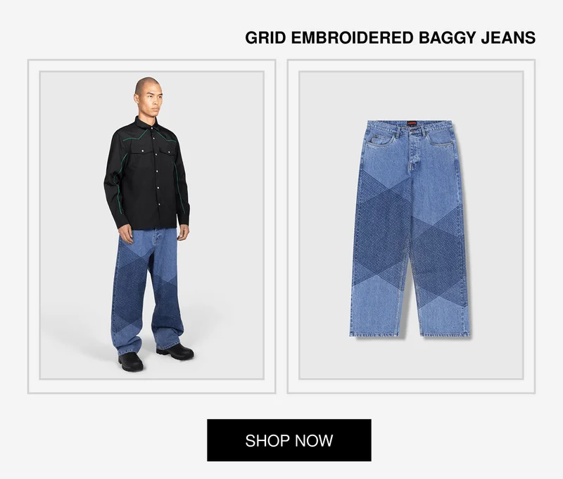 GRID EMBROIDERED BAGGY JEANS