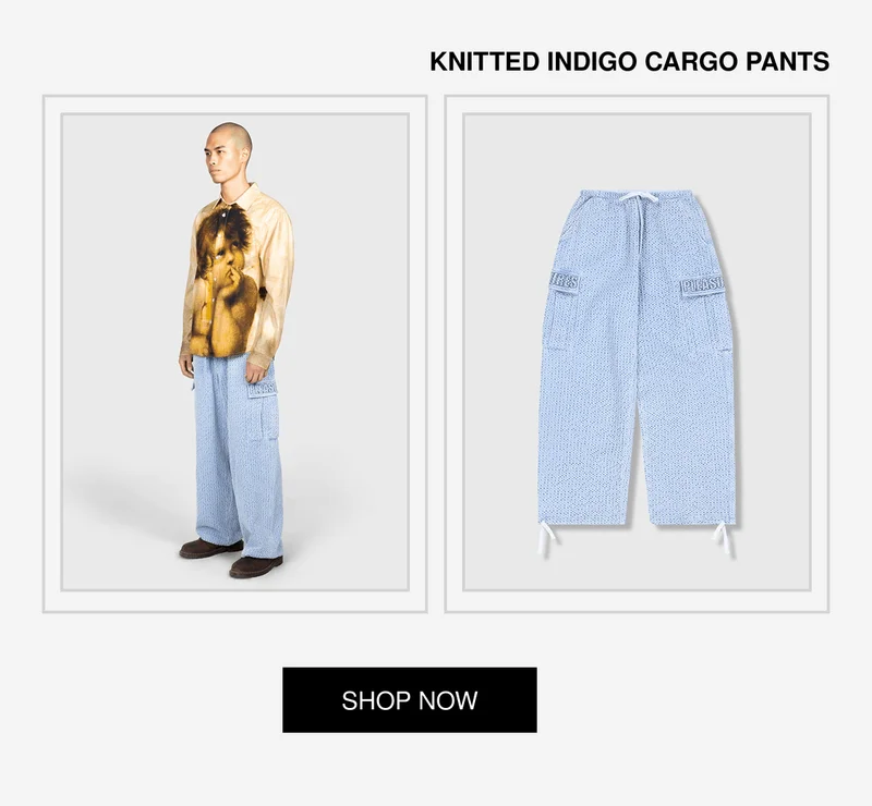 KNITTED INDIGO CARGO PANTS | SHOP NOW